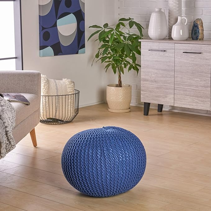 Christopher Knight Home Belle Knitted Cotton Pouf, Navy