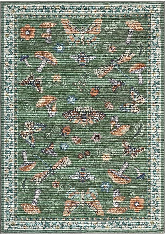 Mushroom Washable Area Rug 6x9 Rugs for Living Room Soft Low-Pile Stain Resistant Thin Carpet for Bedroom Dining Nursery Non Slip Mat with Rubber Green
