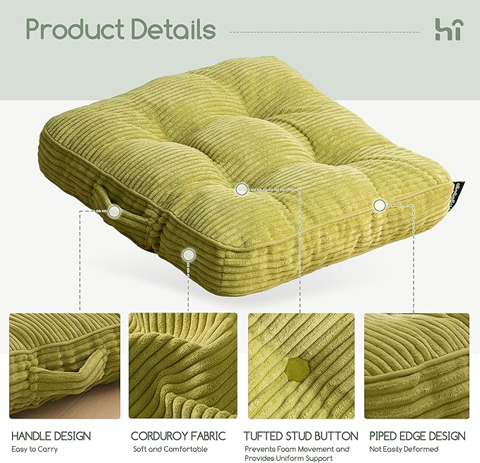 HIGOGOGO Floor Pillow Cushion for Adults, Meditation Cushion Pillow, Large Square Floor Sitting, Tufted Corduroy Cover, for Tatami Living Room or Yoga, 22x22 Inch, 2Pack, Green