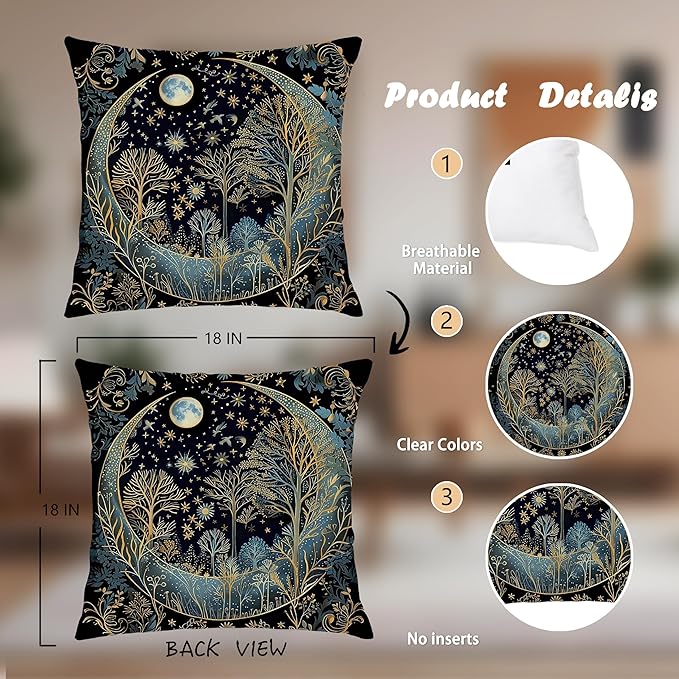 Vintage Dark William Morris Night Moon Forest Decor Pillow Covers 18x18,Black Forest Decor,Dark Dcademia Floral Decorative Throw Pillow Covers for Home Bedroom Living Room