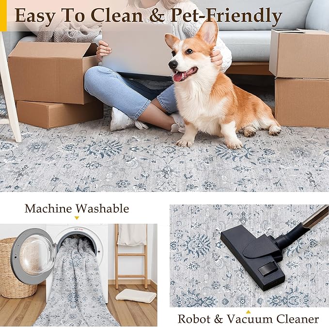 5x7 Area Rug Blue Washable Vintage Carpet Living Room Bedroom Non Slip Stain Soft Resistant Low Pile Thin Boho Accent Indoor Throw Rug for Dining Room Office