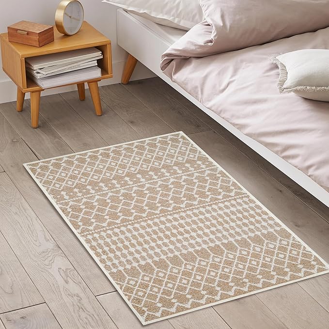 Cotton Morroccan Area Runner Rug 27x45 Inches - Beige, Non Slip Soft & Sturdy Patio Runners Ideal for Hallways, Entryway, Kitchen, Bedroom | Machine Washable Neutral Boho Door Mat for Bathroom