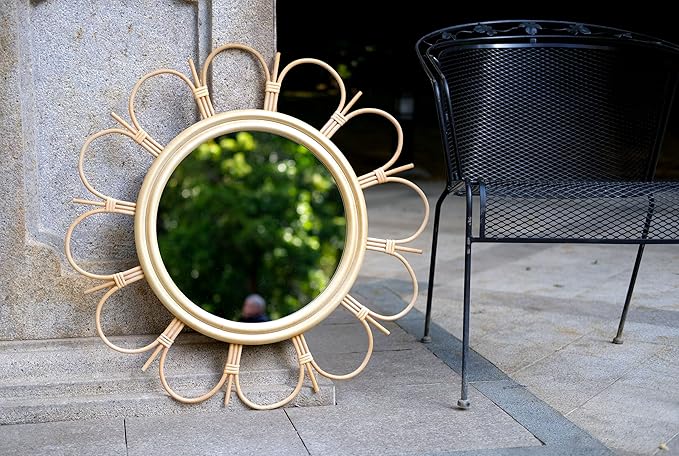 LIVDUCOT 27" Handmade Farmhouse Large Rattan Round Mirror for Entryway, Living Room, Bathroom Hallway