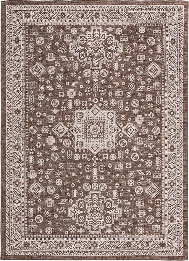 Rugs.com Outdoor Aztec Collection Rug – 10' x 14' Brown Flatweave Rug Perfect for Living Rooms, Large Dining Rooms, Open Floorplans