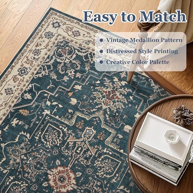 Farmhouse Entryway Rugs 2x6, Low Pile Kitchen Runners Washable Non Slip, Distressed Medallion Printed Carpet Runners for Hallway/Bathroom/Bedroom Bedside/Laundry Room, Deep Blue/Multi