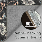 YJ.GWL Area Rugs for Living Room 8x10 Machine Washable Rugs, Non Slip Floral Vintage Rug Indoor Carpet, Stain Resistant Large Rug for Bedroom Dining Room, Black Grey Blue