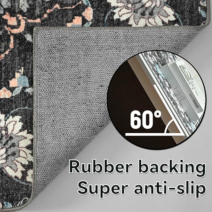 YJ.GWL Area Rugs for Living Room 8x10 Machine Washable Rugs, Non Slip Floral Vintage Rug Indoor Carpet, Stain Resistant Large Rug for Bedroom Dining Room, Black Grey Blue