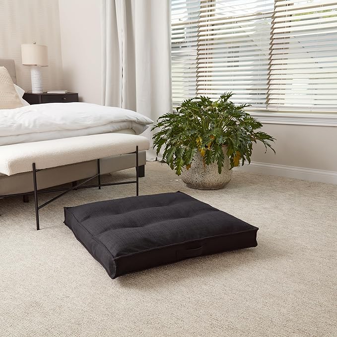 Square Tufted Floor Pillow with Removable Cover, Black, Medium (32")