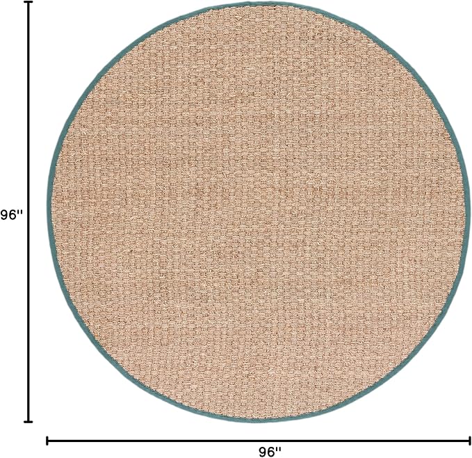 SAFAVIEH Area Rug 8' Round - Natural Fiber Collection - Natural & Light Blue, Seagrass, Basketweave Pattern with Border (NF114M)