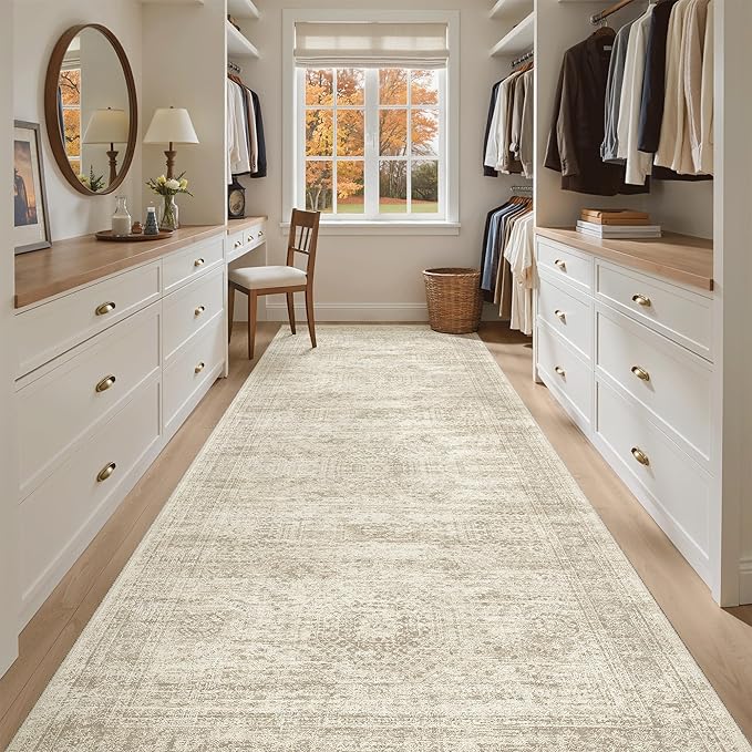 4x12 Wide Hallway Runners: Washable 12ft Runner Rug for Entryway Living Room Soft Vintage Non Slip Carpet Runner for Kitchen Dining Room Nursery Bedroom (Beige, 4x12ft)