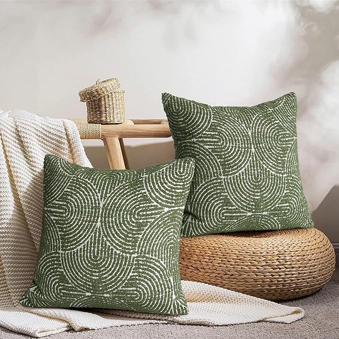 AELS Boho Decorative Textured Throw Pillow Covers 16x16, Modern Mid Century Rainbow Tufted Pillow Case, Farmhouse Rustic Geometric Woven Cushion Case for Bed Couch Sofa, Olive Green