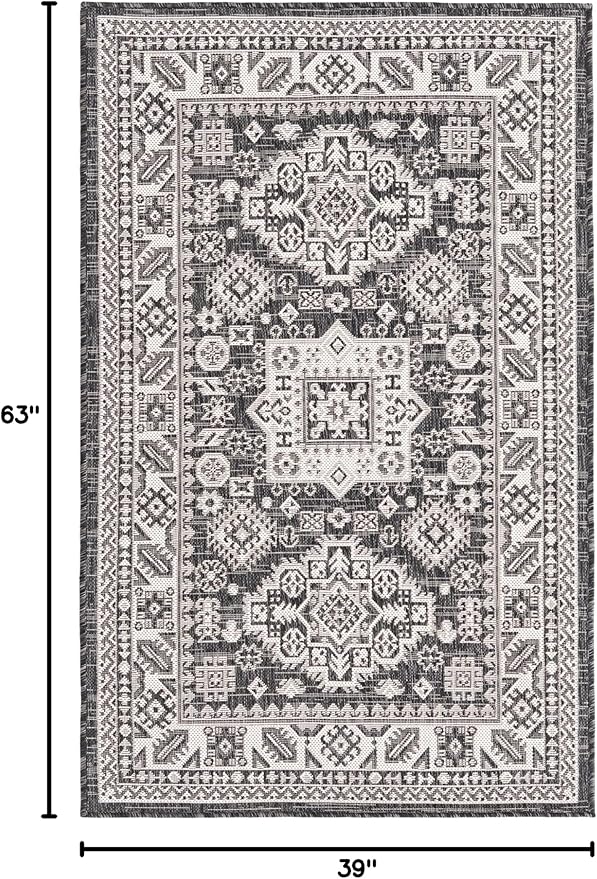Rugs.com Outdoor Aztec Collection Rug – 3' x 5' Charcoal Gray Flatweave Rug Perfect for Living Rooms, Large Dining Rooms, Open Floorplans