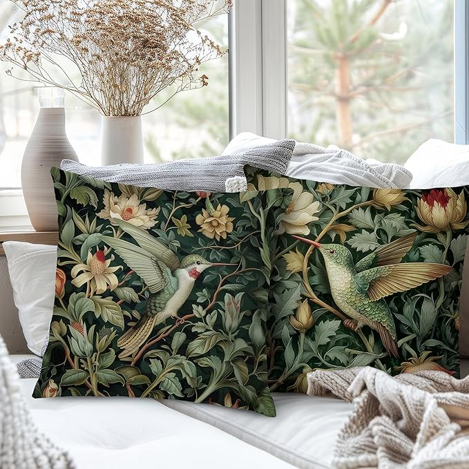Vintage William Morris Hummingbird Pillow Cover 18x18 Set of 2,Rustic Green Hummingbird Bird Animal Floral Botanical Print Decorative Throw Pillow Covers for Home Bedroom Living Room