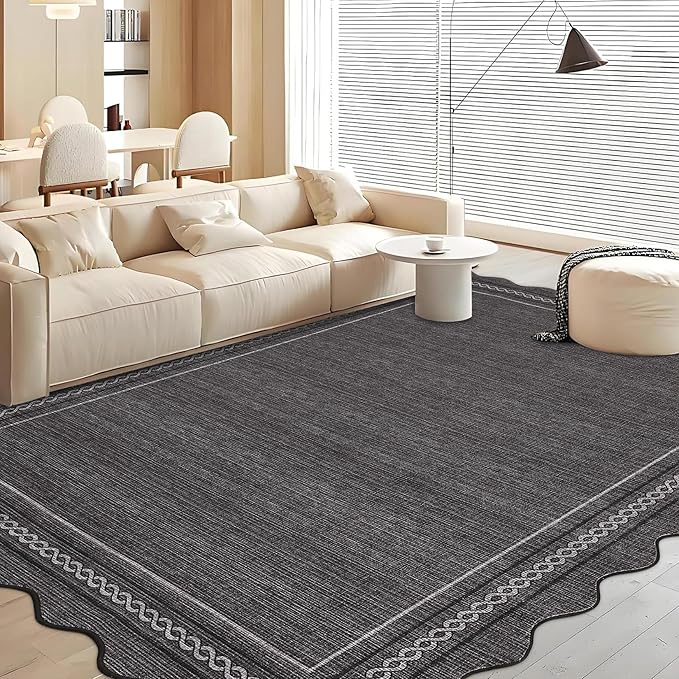 Garvee Scalloped Washable Rugs 9x12 Area Rug for Bedroom Rug Non Slip Throw Rugs Large Living Room Rug Modern Farmhouse Low Pile Soft Stain Resistant Carpet for Nursery Dining Room 9'x12' Dark Grey