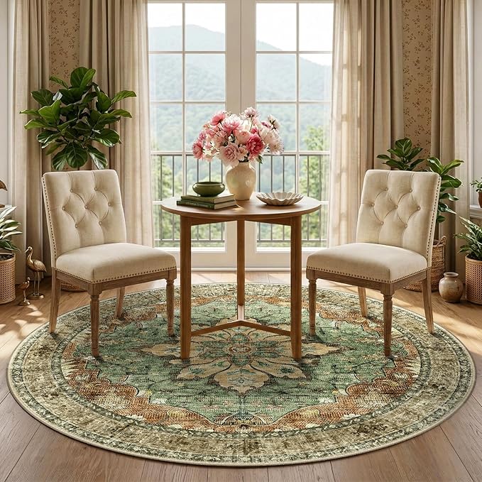 Area Rugs 5ft Washable Non-Slip, Floral Vintage Distress Print Pattern Medallion Carpet for Living Room Bedroom Dining Room, Brick Red Rust Neutral Brown Burnt Orange