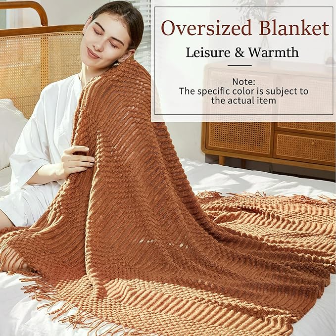 Blagic Knitted Throw Blanket for Couch Soft Farmhouse Boho Throw Blanket with Tassels Home Decorative Lightweight Throw Blankets,Rust Throws for Bed/Sofa, Pineapple Textured, 60" W x 80" L