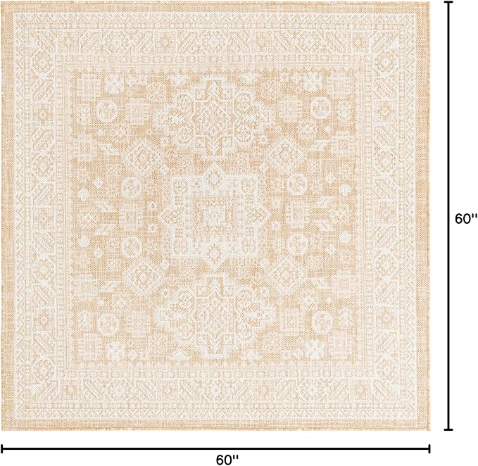 Rugs.com Outdoor Aztec Collection Rug – 5 Ft Square Natural Flatweave Rug Perfect for Living Rooms, Kitchens, Entryways