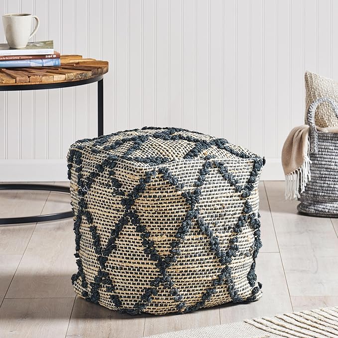 GDFStudio Boho Handmade Fabric Cube Pouf Ottoman Foot Stool - Bean Bag Floor Chair - Foot Rest Couch for Living Room Bedroom,Charcoal,16"" x 16"" x 16"", Cimarro,charcoal, 313838N