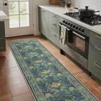 Bavni 2'6''x8 Runner Rug,Microfiber Washable Non-Slip Vintage Floral Rugs,Low Pile Lightweight Carpet for Bedroom,Hallway,Entryway,Kitchen,Bathroom, Tea Green/Blue