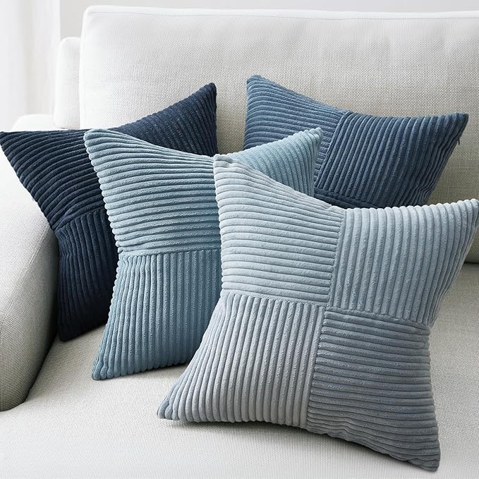 Topfinel Blue Pillow Covers 18 x 18,Western Velvet Blue Gray Throw Pillow Covers Set of 4 with Striped Corduroy,Boho Soft Accent Pillowcases for Couch,Bed,Living Room Home Decor
