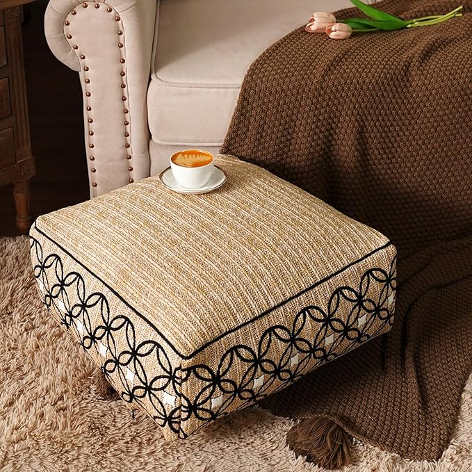 SUTAVIA Pouf Cover Ottoman Unstuffed Pouf Seat Footrest Decorative Storage Bean Bag Floor Chair for Home Decor Living Room Bedroom (Linen Decor, Square, 20" D x 20" W x 8" H)