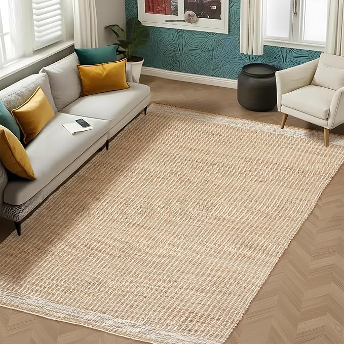 6' x 9' Jute & Wool Mini Check Area Rug with 4-Inch Border | Handwoven, Pile - 0.6"| Living Room, Dining & Bedroom Rug, Neutral Indoor Natural Farmhouse Décor (6' x 9')