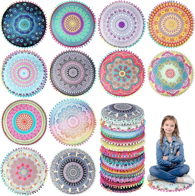 Ganeen 12 Pcs Floor Cushions for Classroom 16'' Boho Kids Seating Pillow Flexible Floor Cushions Meditation Pillows for Toddler Sitting Home School Classroom Kindergarten Daycare Nursery(Round)