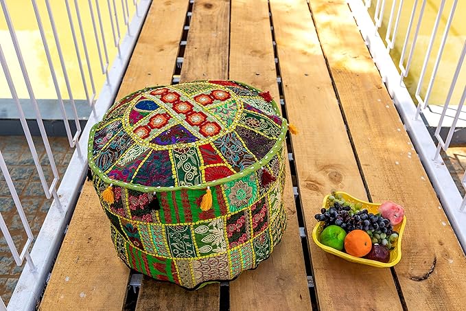 THE ART BOX Round Boho Cotton Patchwork Pouf Cover – Handmade Vintage Embroidered Ottoman Seat Cover, Colorful Decorative Floor Cushion for Home Accessories Décor (14x22 Inches, Cover Only)