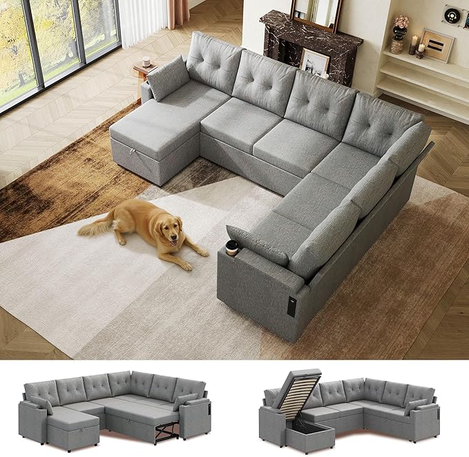 WLIVE 110'' Sectional Couches for Living Room, Pull Out Couch, U Shape 7 Seat Sleeper Sofa with Storage Chaise and Pillows, Removable Sofa Cover, Cups Holders, USB Charging Station, Grey
