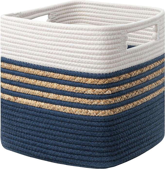 UBBCARE Storage Cubes 11 X 10.5 X 10.5 in, Water Hyacinth Storage Bins for shelves, Toys, Book, Storage Baskets with Handles, Cotton Rope Woven Baskets for Organizing, Navy Blue