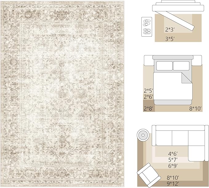 FMFUNCTEX 2x6 Hallway Runner Rug Beige Vintage Neutral Washable Non Slip Low Pile Traditional Indoor Carpet Soft Retro Floral Entryway Rug for Kitchen Living Room Bedroom Bathroom Laundry Entrance