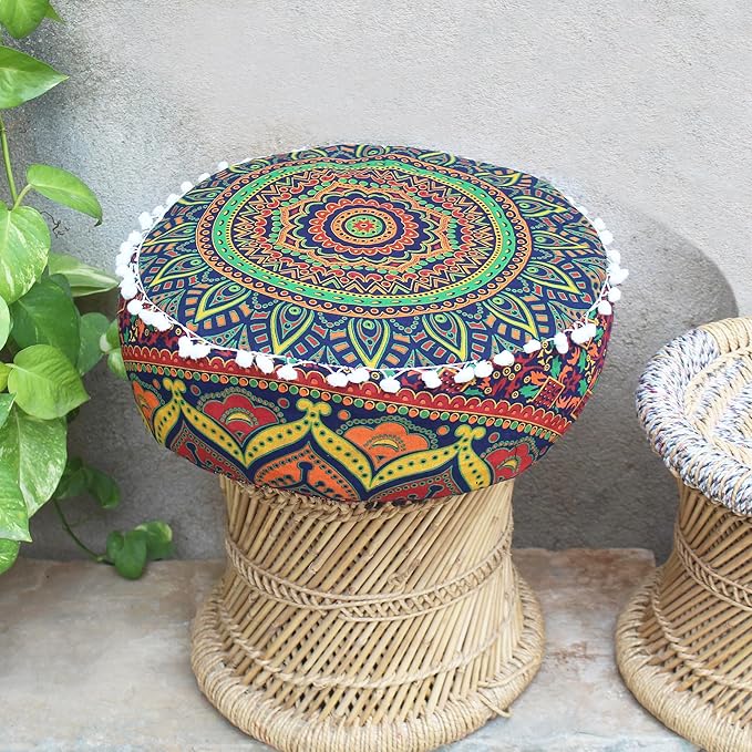 CRAFT KALA Large Hippie Mandala Meditation Floor Ottoman Pillow Cushion Pouf Cover Square Poufs Bohemian Circle Floor Cushion Case Outdoor Fireplace Yoga Living Room Decor Cover New Blue, 18" Round