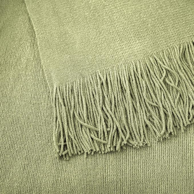 Vonty Olive Green Knitted Blanket with Tassels Fringe 50" x 60", Super Soft Knit Throw Blanket, Farmhouse Decorative Lightweight Blanket for Couch, Sofa, Bed