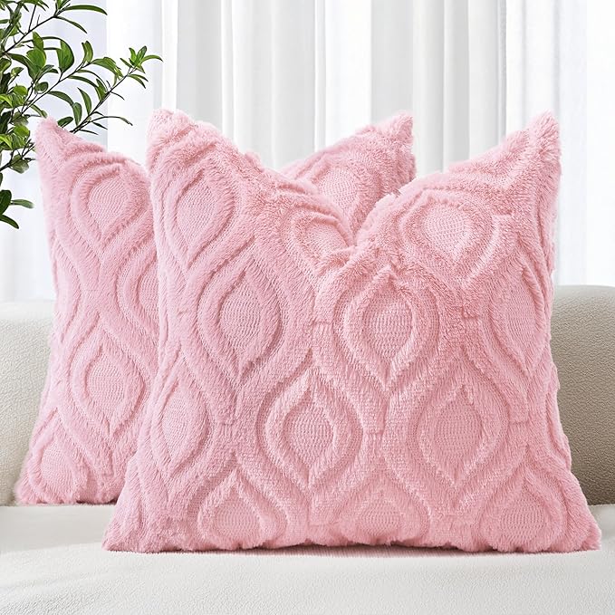 decorUhome Cozy Textured Euro Sham Throw Pillow Covers 24x24 Inch Set of 2, Soft Plush Faux Wool Light Pink Accent Couch Pillow Covers for Modern Farmhouse Sofa Bed Living Room