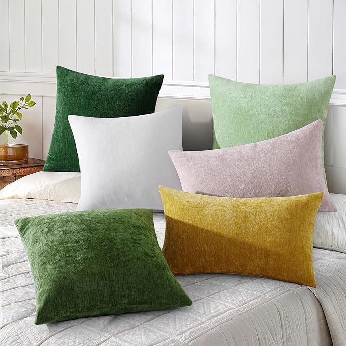 decorUhome Chenille Sage Green Spring Throw Pillow Covers 18x18 Inch Set of 2, Decorative Soft Couch Pillow Covers Solid Dyed Accent Farmhouse Neutral Square Pillow Cases for Sofa