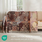 Boho Throw Blanket for Couch Sofa Bed, 100% Cotton Woven Quilt with Tassel 80”x90”, Super Soft Muslin Blanket with Patchwork Printed, Decorative Reversible Bed Blanket/Cover for All Seasons