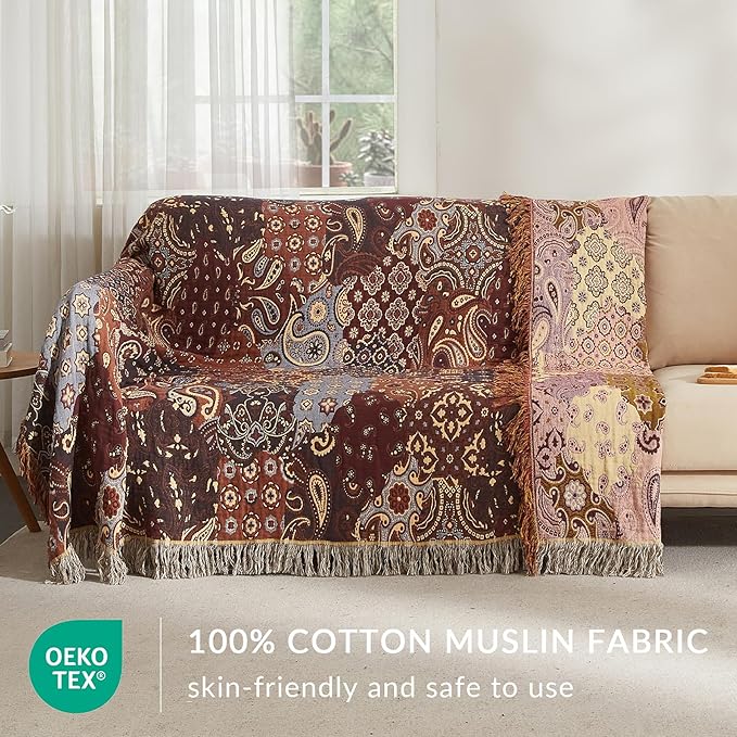 Boho Throw Blanket for Couch Sofa Bed, 100% Cotton Woven Quilt with Tassel 60”x80”, Super Soft Muslin Blanket with Patchwork Printed, Decorative Reversible Bed Blanket/Cover for All Seasons