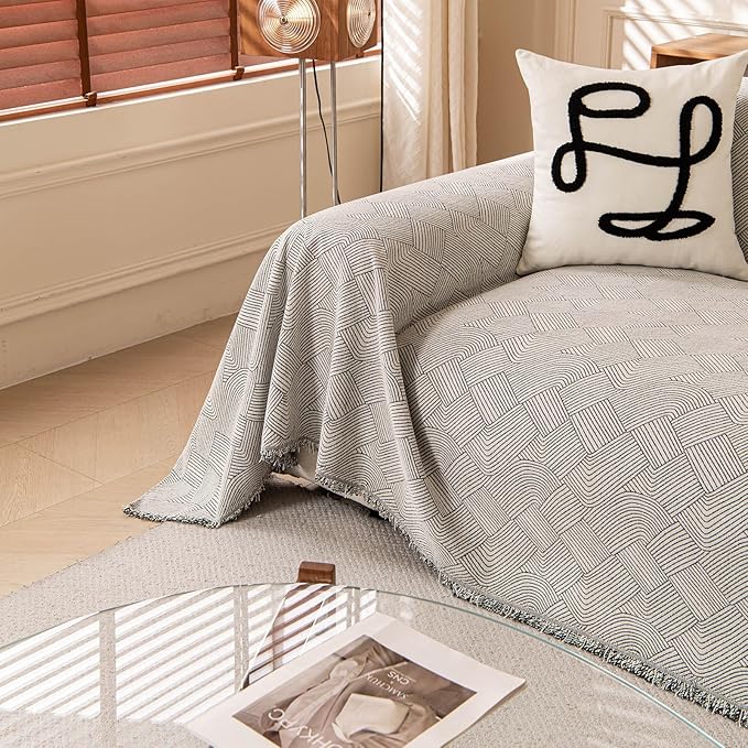 ROOMLIFE Beige Waterproof Sofa Cover, Boho Couch Cover for 3 Cushion Sofa, Non Slip Chenille Sofa Slipcovers for Dog, Washable Furniture Sofa Protector Cover with Tassel for Living Room, 71''X118”