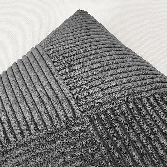 Topfinel 12x12 Inch Small Throw Pillow Covers Pack of 2 for Living Room Couch Bed Soft Corduroy Windmill Textured Boho Striped Patchwork Pillow Covers House Decor,Darkgrey