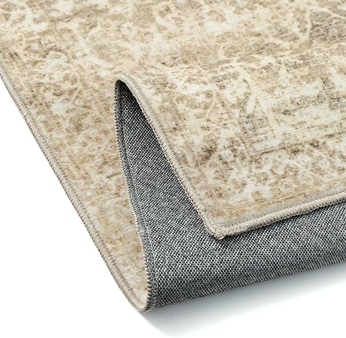 HUGEAR Area Rug 5x7 Retro Beige/Brown Machine Washable Living Room Rugs Distressed Vintage Floral Vacuumable Low Pile Carpet Bedroom Office Dining Room Laundry Room Non Slip Soft Lightweight
