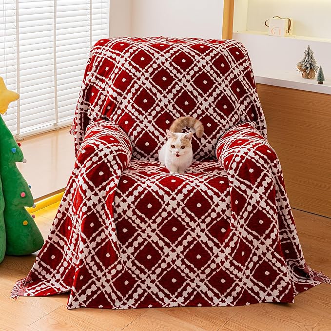 Reversible Couch Cover Blanket, Christmas Couch Cover, Chenille Sofa Covers Blanket, Christmas Sofa Covers Washable, 71"×71" Couch Covers for Recliner & Chair (1PC, Red, Single Seater)