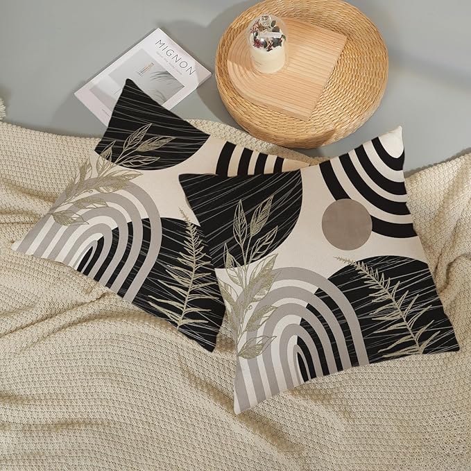 Boho Black Pillow Covers 18x18 Set of 2 Gold Leaf Tropical Mid Century Throw Pillows Outdoor Bohemian Abstract Modern Decorative Pillow Cases Farmhouse Linen Cushion Case for Couch Sofa Decor