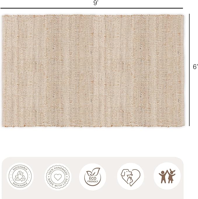 · REDEARTH · Jute Cotton Area Rug - 6'x9' Rectangular Rug, Sustainable Handwoven, Non-Shedding, Soft & Durable – Reversible, Neutral Tones for Home Décor in Living Room, Dining Room, Bedroom