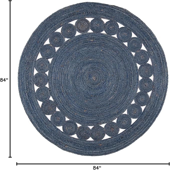 SAFAVIEH Area Rug 7' Round - Natural Fiber Collection - Navy, Handmade Jute, Boho Farmhouse Braided Design (NF364N)