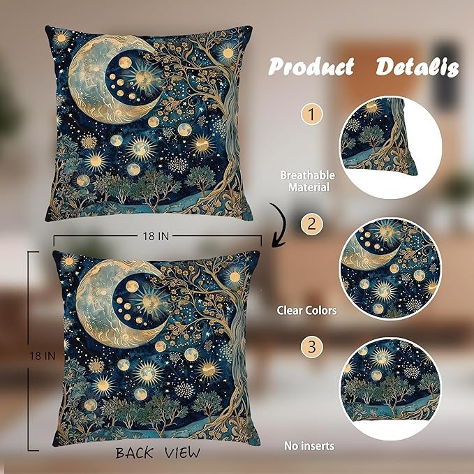 Vintage Dark William Morris Night Moon Forest Decor Pillow Covers 18x18 Set of 2,Black Forest Decor,Dark Dcademia Floral Decorative Throw Pillow Covers for Home Bedroom Living Room