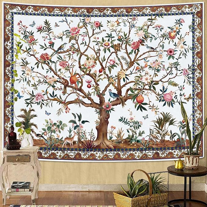 Faxdong Boho Tree of LIfe Tapestry, Vintage Flower Leaves Birds Plant Animal Pattern Tapestries, Retro Indian Bohemian Aesthetic Wall Hanging White 60×80 inch