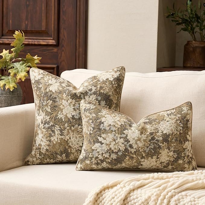 Yangest Neutral Floral Pillow Cover 20 x 20 Inches, Vintage Chenille Square Throw Pillow Cover Soft Decorative Farmhouse Accent Couch Pillow Cover for Living Room Bedroom, Beige