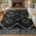 Area Rug 6x9 Rug Machine Washable Non-Slip Low Pile Print Pattern Western Rug for Living Room Bedroom Entryway Tribal Series -Black