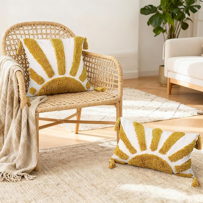 Boho Throw Pillow Covers 18x18 Inch Set of 1, Yellow Sun Tufted Square Pillow Covers with Tassels, Bohemian Farmhouse Decorative Cushion Cover for Couch Sofa Bedroom Living Room Home Decor