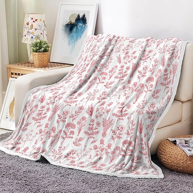 Floral Fuzzy Blanket Red Floral Throw Blanket, Botanical Flowers Blankets, Soft, Flannel, Warm, Boho Flowers Bed Blankets All Season for Couch Bedroom Living Room 60X90 Inch